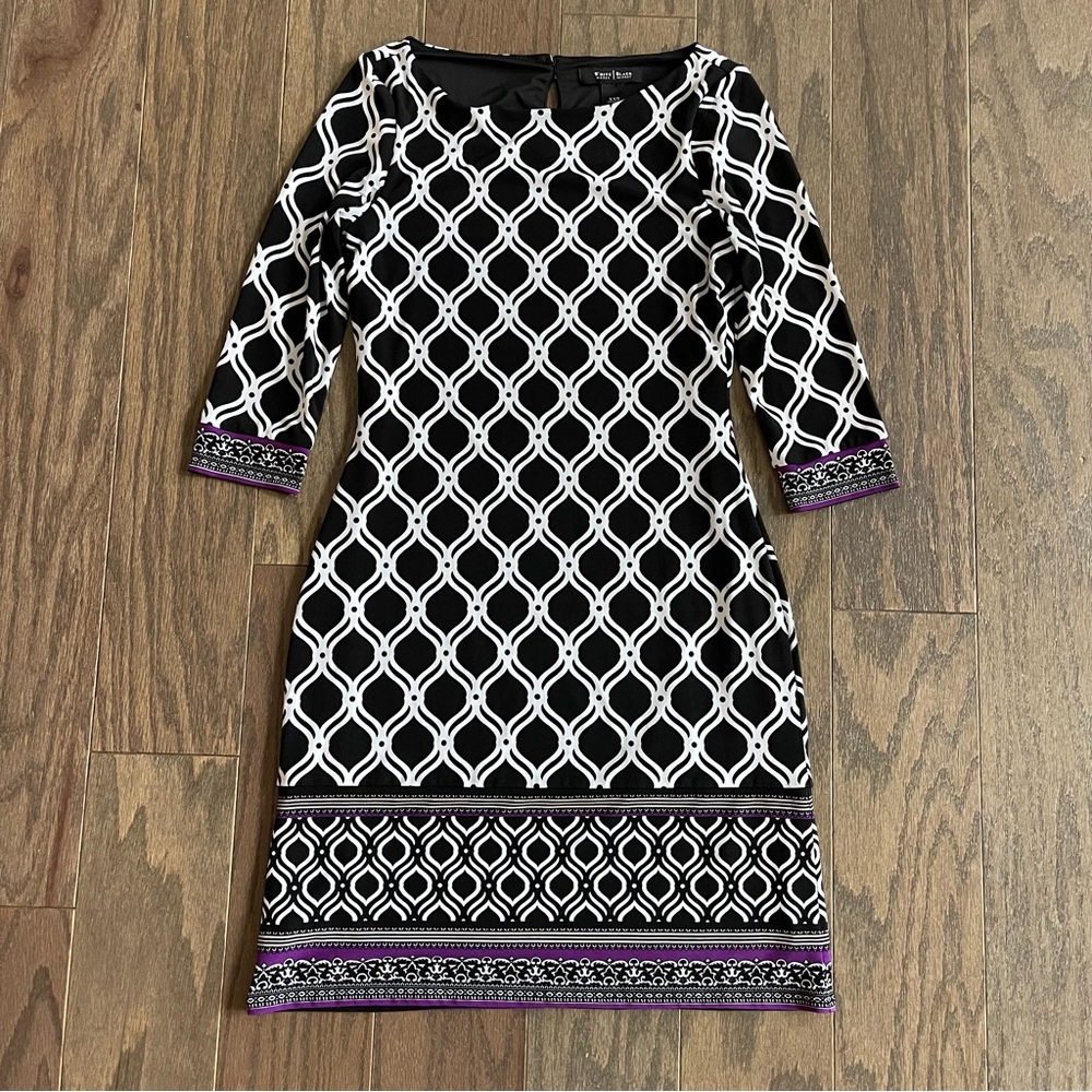 WHBM Geometric Print 3/4 Sleeve Stretch Jersey Boatneck Dress
